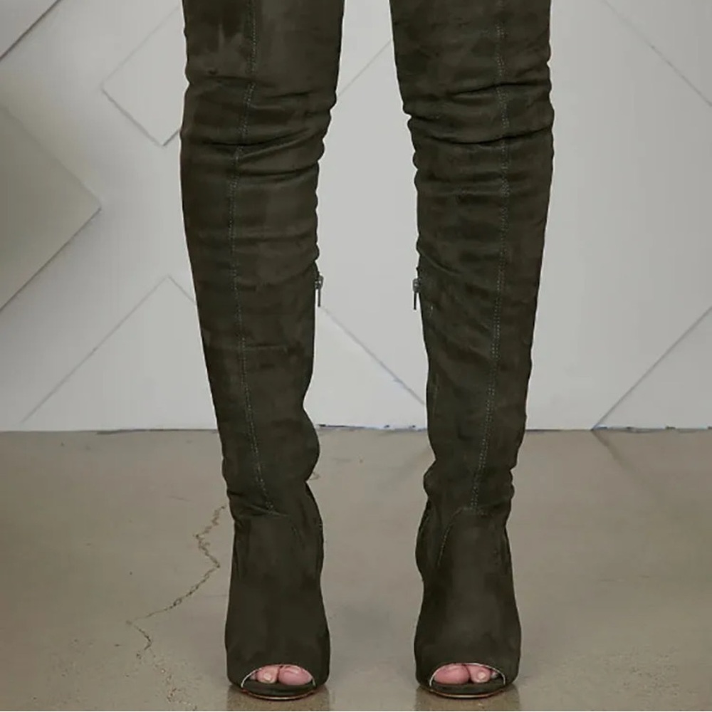 Peep Toe Over-the-Knee Boots in Olive Green